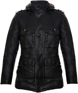 Men's Hooded Leather Multi-Pocket Duffle Trench Coat with Drawstring