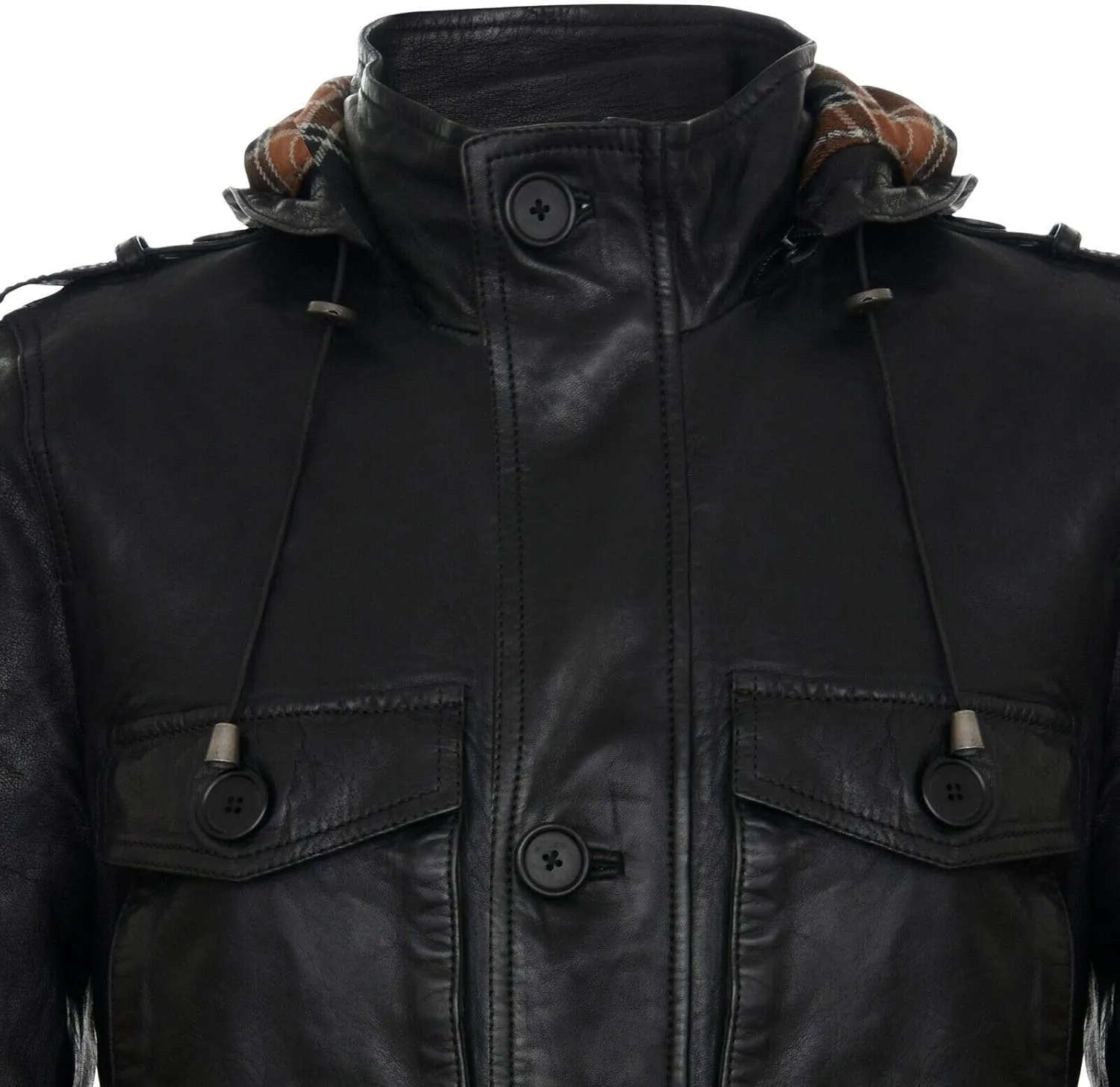 Men's Hooded Leather Multi-Pocket Duffle Trench Coat with Drawstring