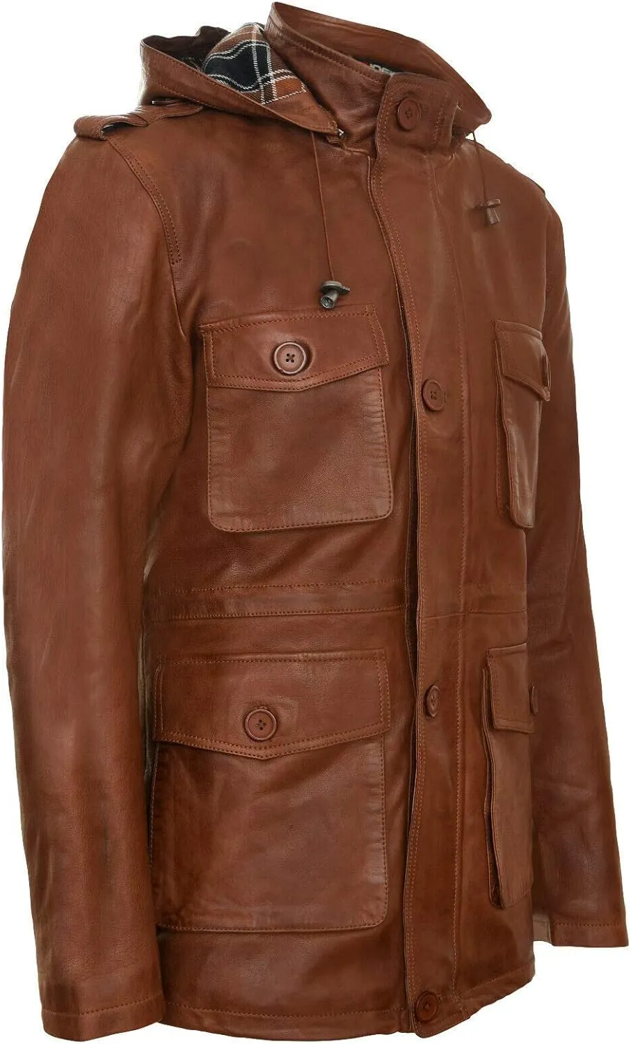 Men's Hooded Leather Multi-Pocket Duffle Trench Coat with Drawstring