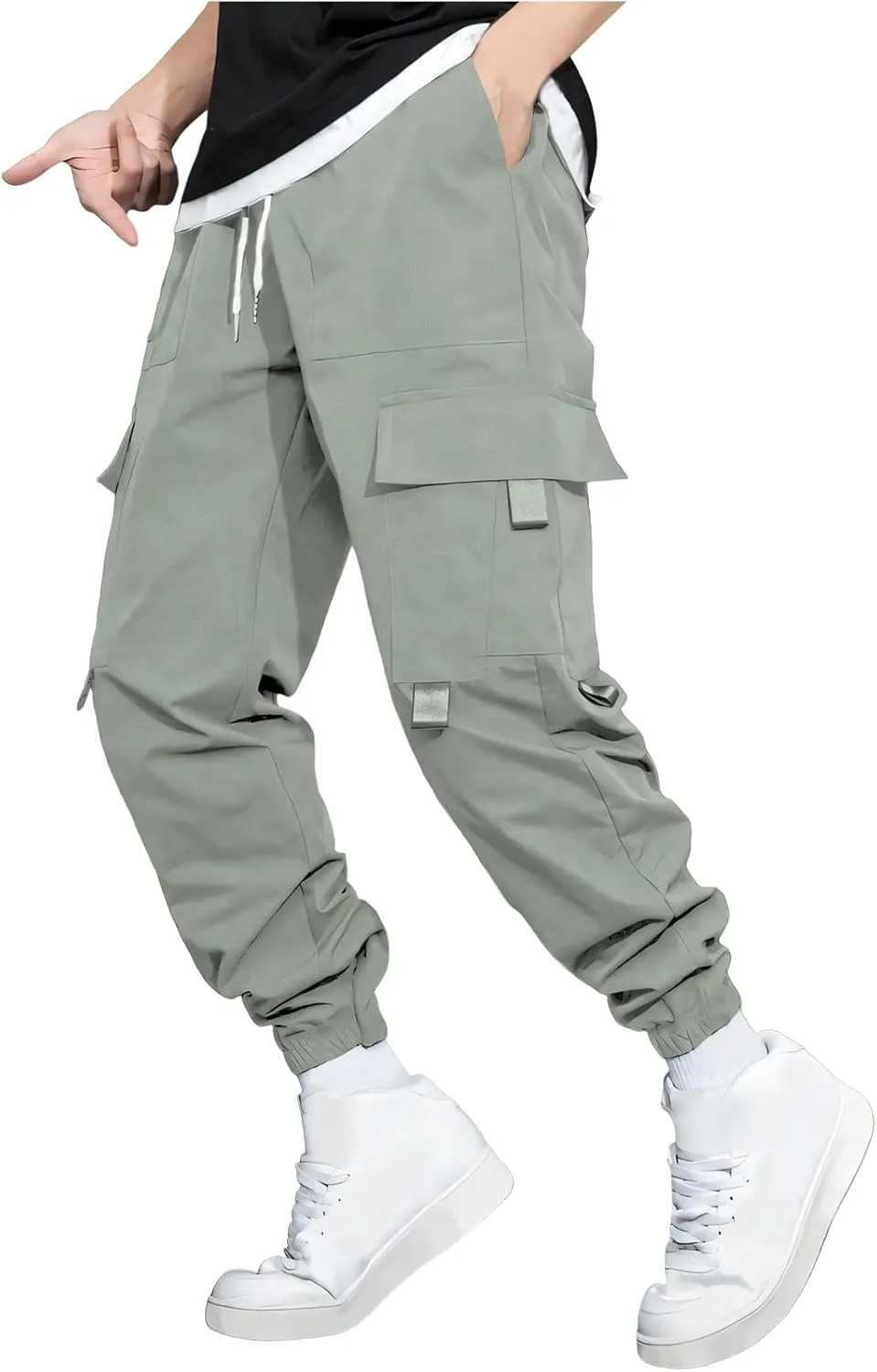 Mens Jogging Cargo Pants Big and Tall Elastic Waist Pants with Multi-Pocket Loose Drawstring Comfy Trousers