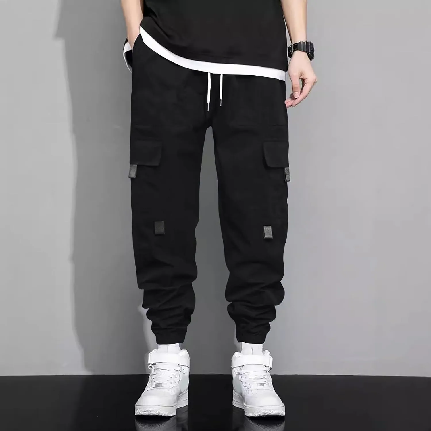 Mens Jogging Cargo Pants Big and Tall Elastic Waist Pants with Multi-Pocket Loose Drawstring Comfy Trousers