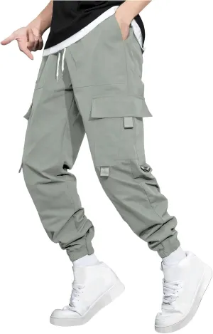 Mens Jogging Cargo Pants Big and Tall Elastic Waist Pants with Multi-Pocket Loose Drawstring Comfy Trousers