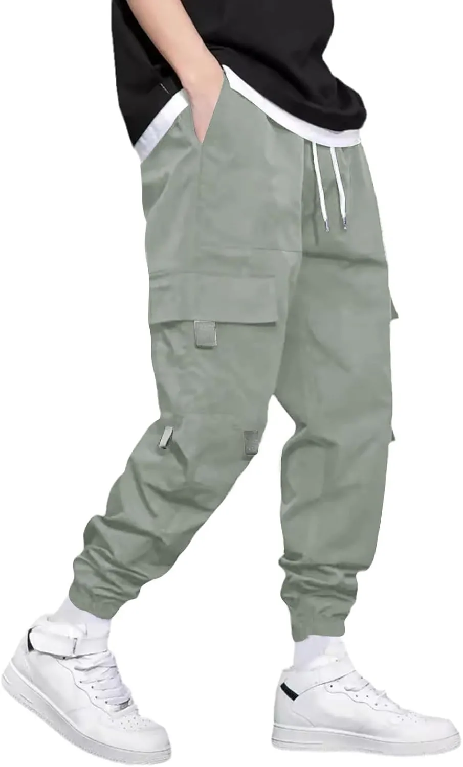 Mens Jogging Cargo Pants Big and Tall Elastic Waist Pants with Multi-Pocket Loose Drawstring Comfy Trousers