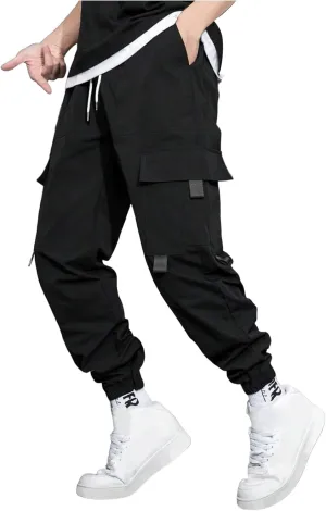 Mens Jogging Cargo Pants Big and Tall Elastic Waist Pants with Multi-Pocket Loose Drawstring Comfy Trousers