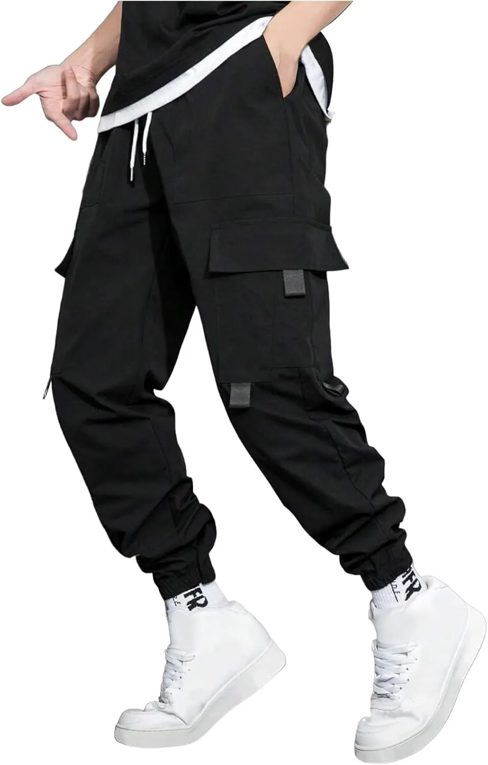 Mens Jogging Cargo Pants Big and Tall Elastic Waist Pants with Multi-Pocket Loose Drawstring Comfy Trousers