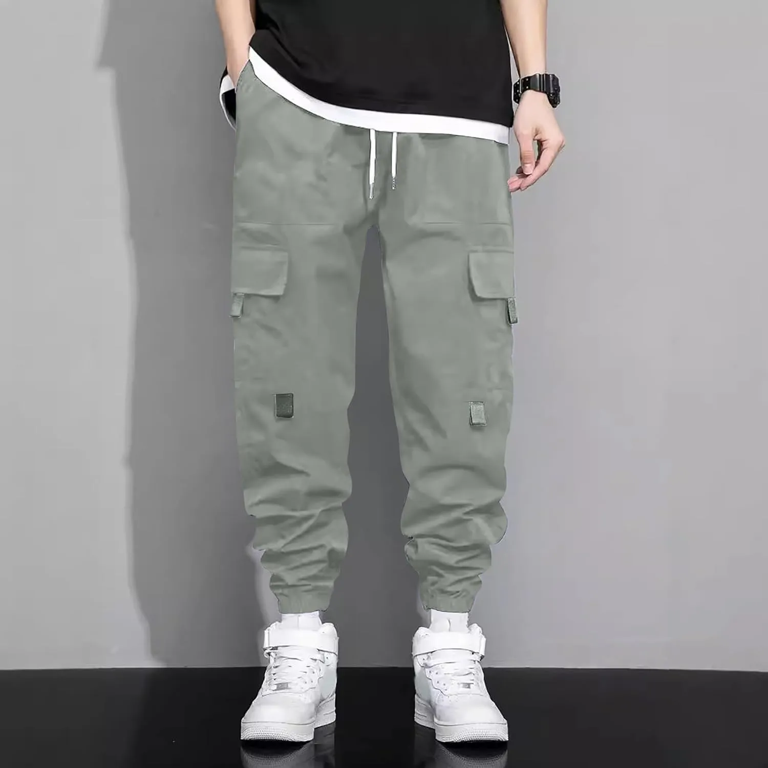 Mens Jogging Cargo Pants Big and Tall Elastic Waist Pants with Multi-Pocket Loose Drawstring Comfy Trousers