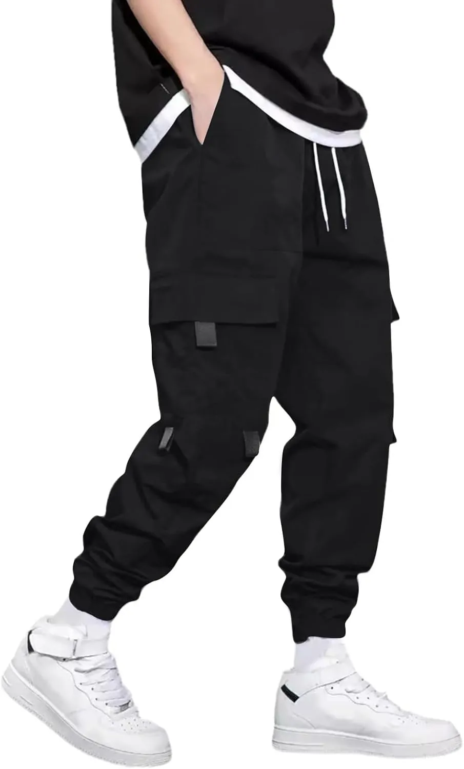 Mens Jogging Cargo Pants Big and Tall Elastic Waist Pants with Multi-Pocket Loose Drawstring Comfy Trousers