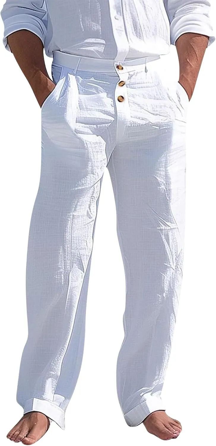 Mens Linen Pants Straight-Legs Lightweight Elastic Waist Cotton Pants Casual Summer Beach with Pocket Fashion Trousers