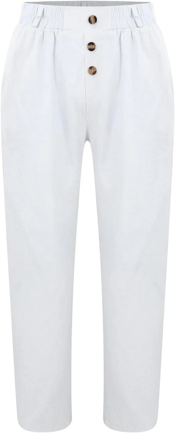 Mens Linen Pants Straight-Legs Lightweight Elastic Waist Cotton Pants Casual Summer Beach with Pocket Fashion Trousers