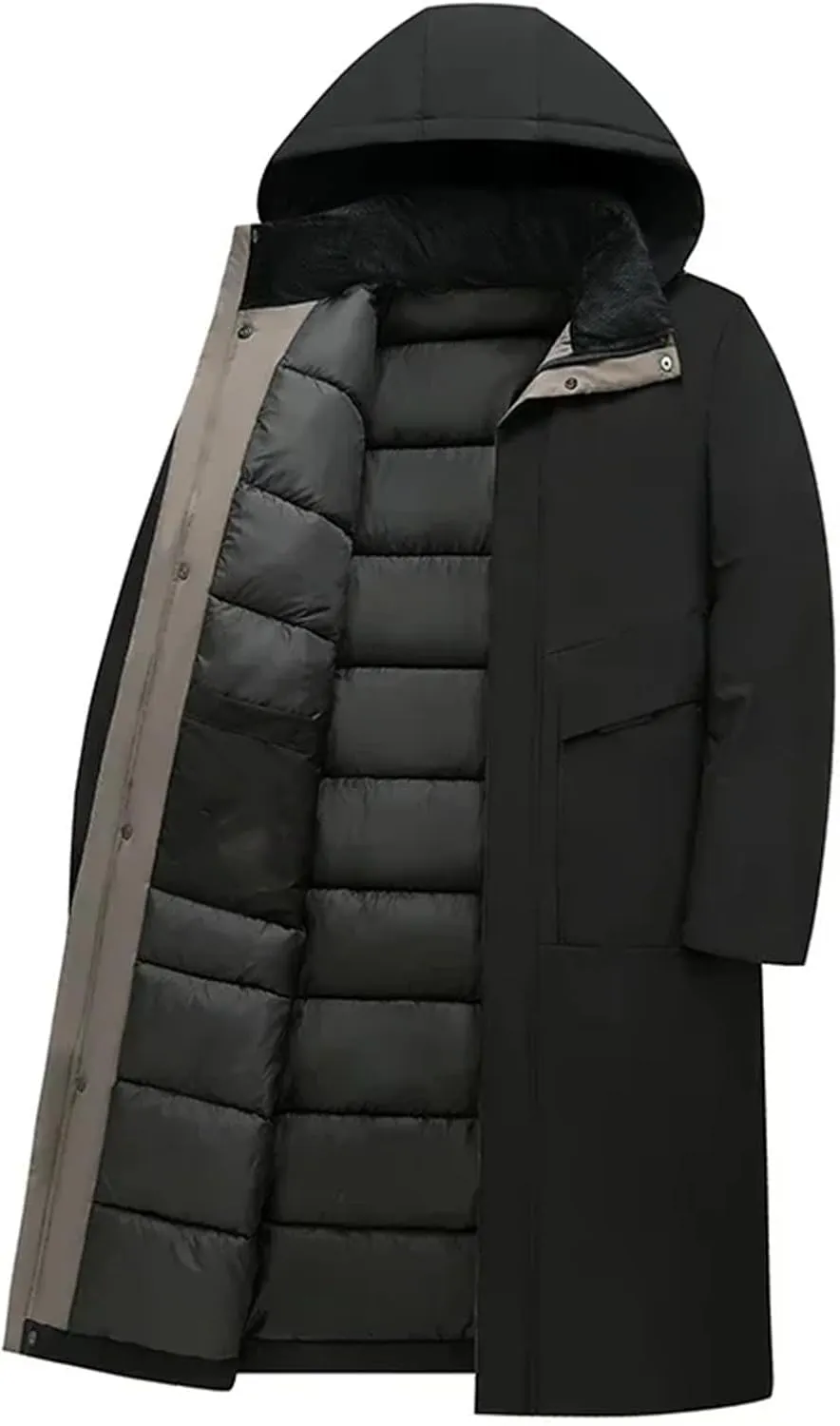 Men's Long Business Thickened Down Cotton Warm Parka Street Snow Cold-Proof Hooded Padded Coat