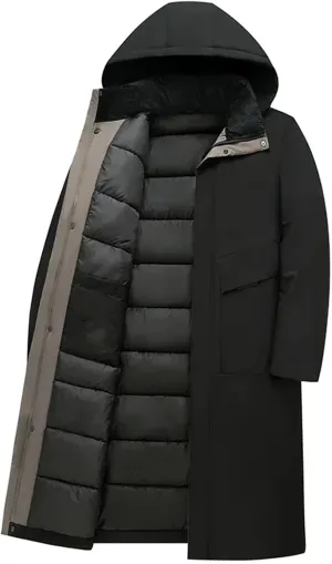 Men's Long Business Thickened Down Cotton Warm Parka Street Snow Cold-Proof Hooded Padded Coat