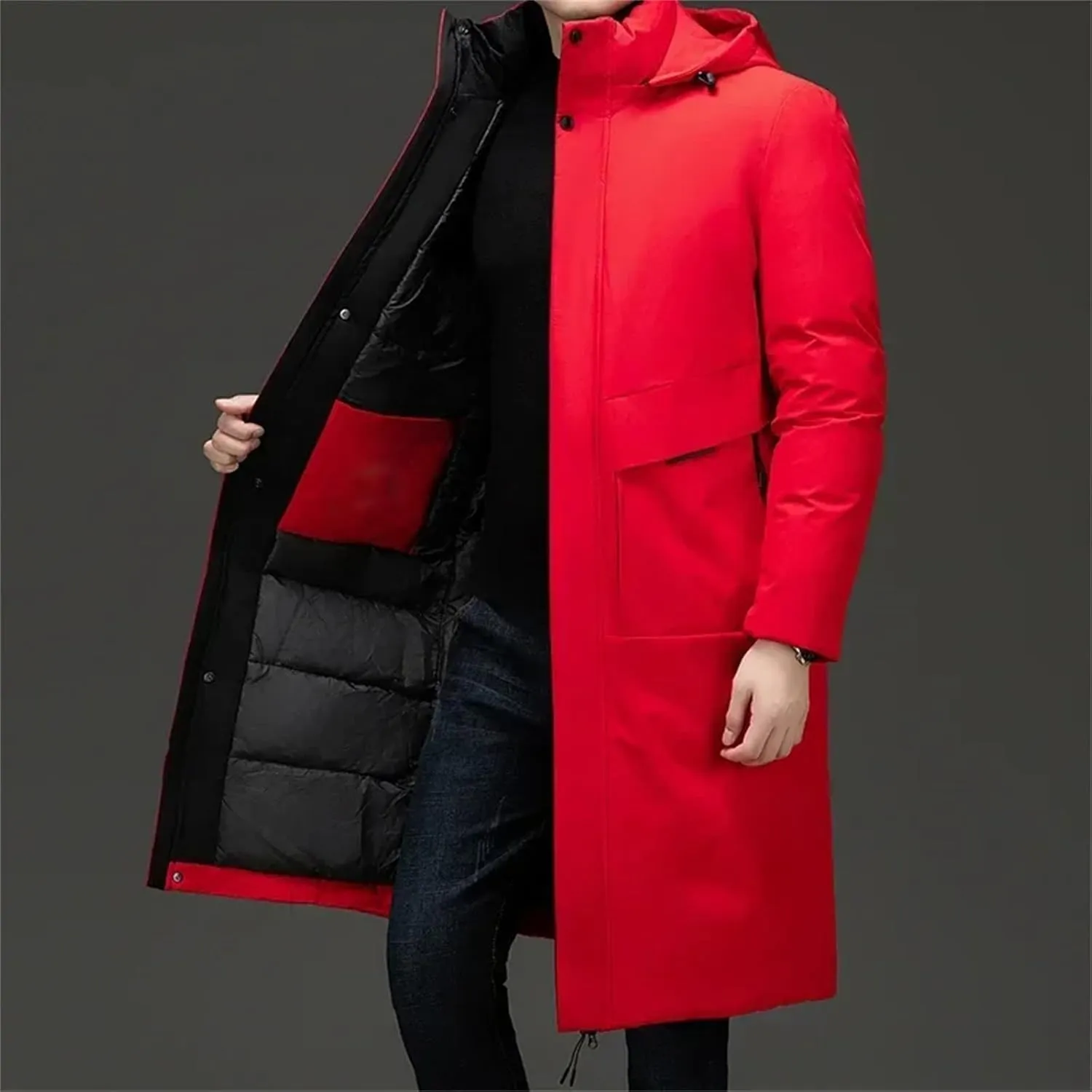 Men's Long Business Thickened Down Cotton Warm Parka Street Snow Cold-Proof Hooded Padded Coat