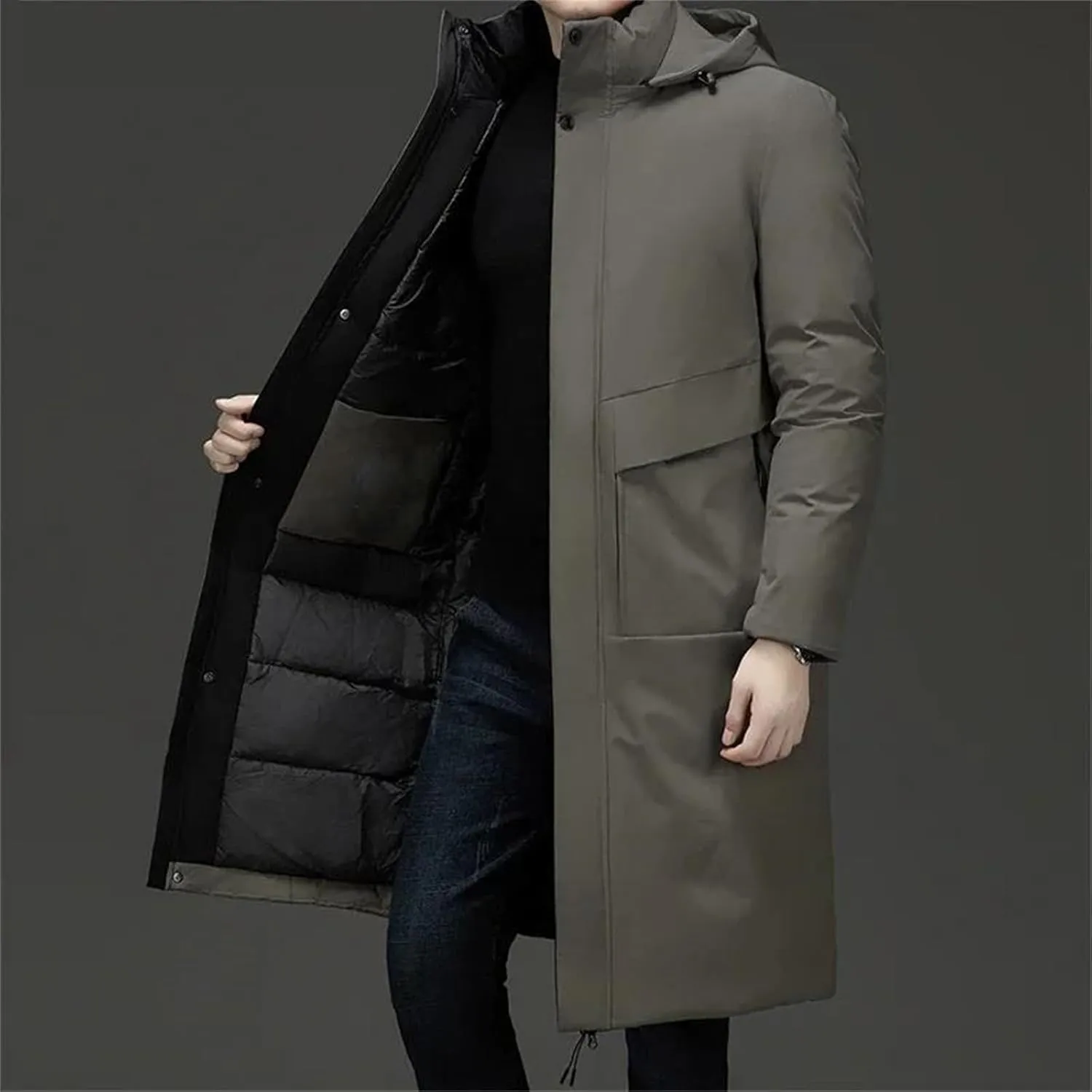 Men's Long Business Thickened Down Cotton Warm Parka Street Snow Cold-Proof Hooded Padded Coat