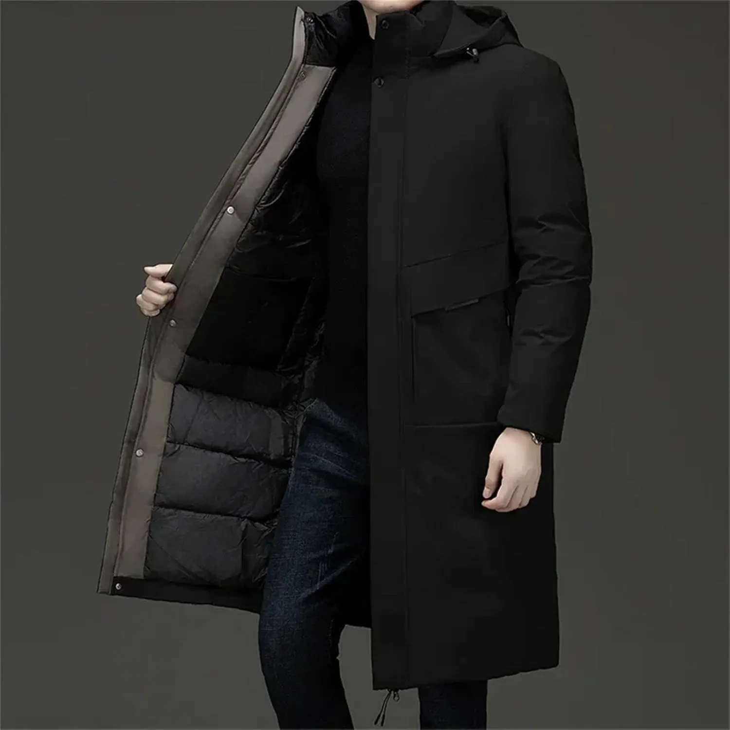 Men's Long Business Thickened Down Cotton Warm Parka Street Snow Cold-Proof Hooded Padded Coat