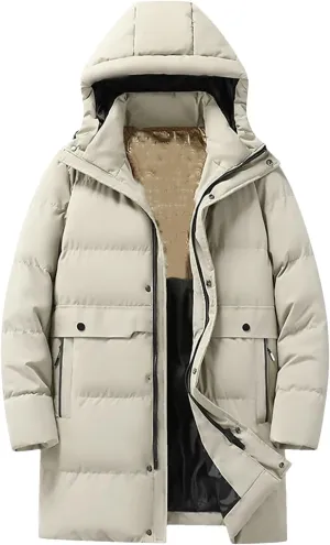 Men's Long Jacket Fashion Thick Warm Hooded Parka Solid Color Cotton Padded Coat
