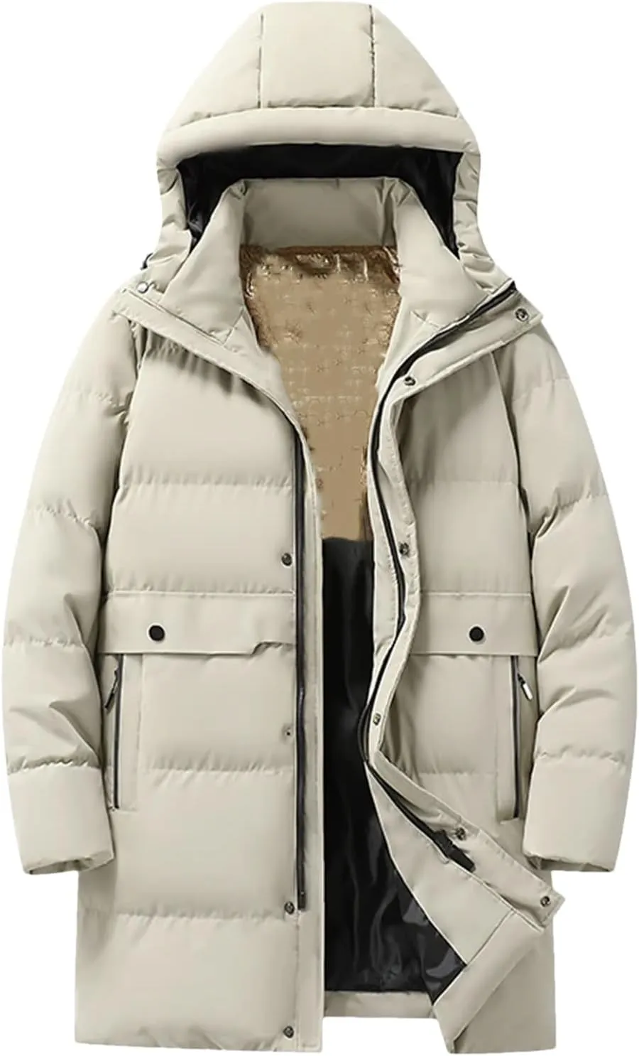 Men's Long Jacket Fashion Thick Warm Hooded Parka Solid Color Cotton Padded Coat