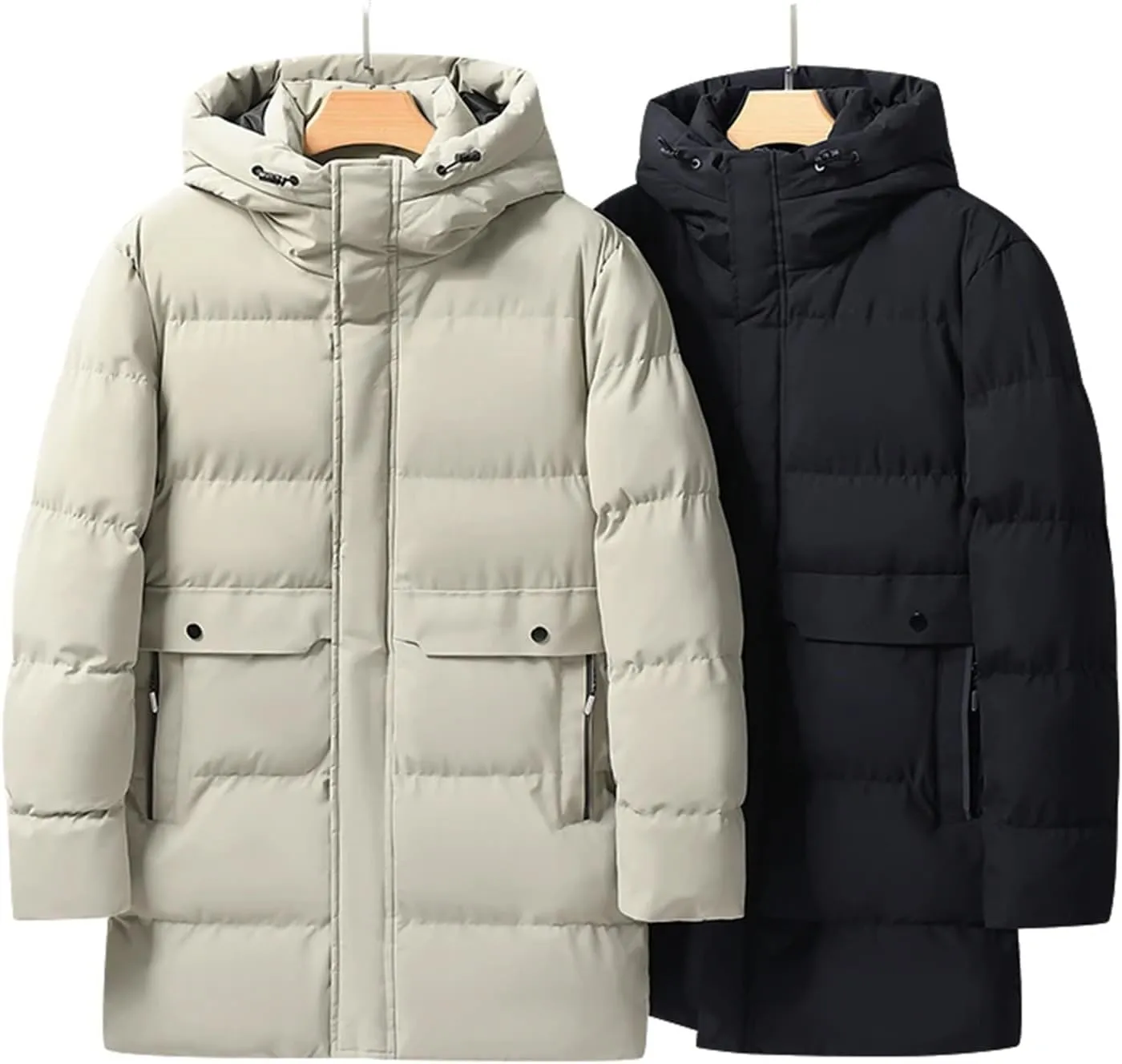 Men's Long Jacket Fashion Thick Warm Hooded Parka Solid Color Cotton Padded Coat