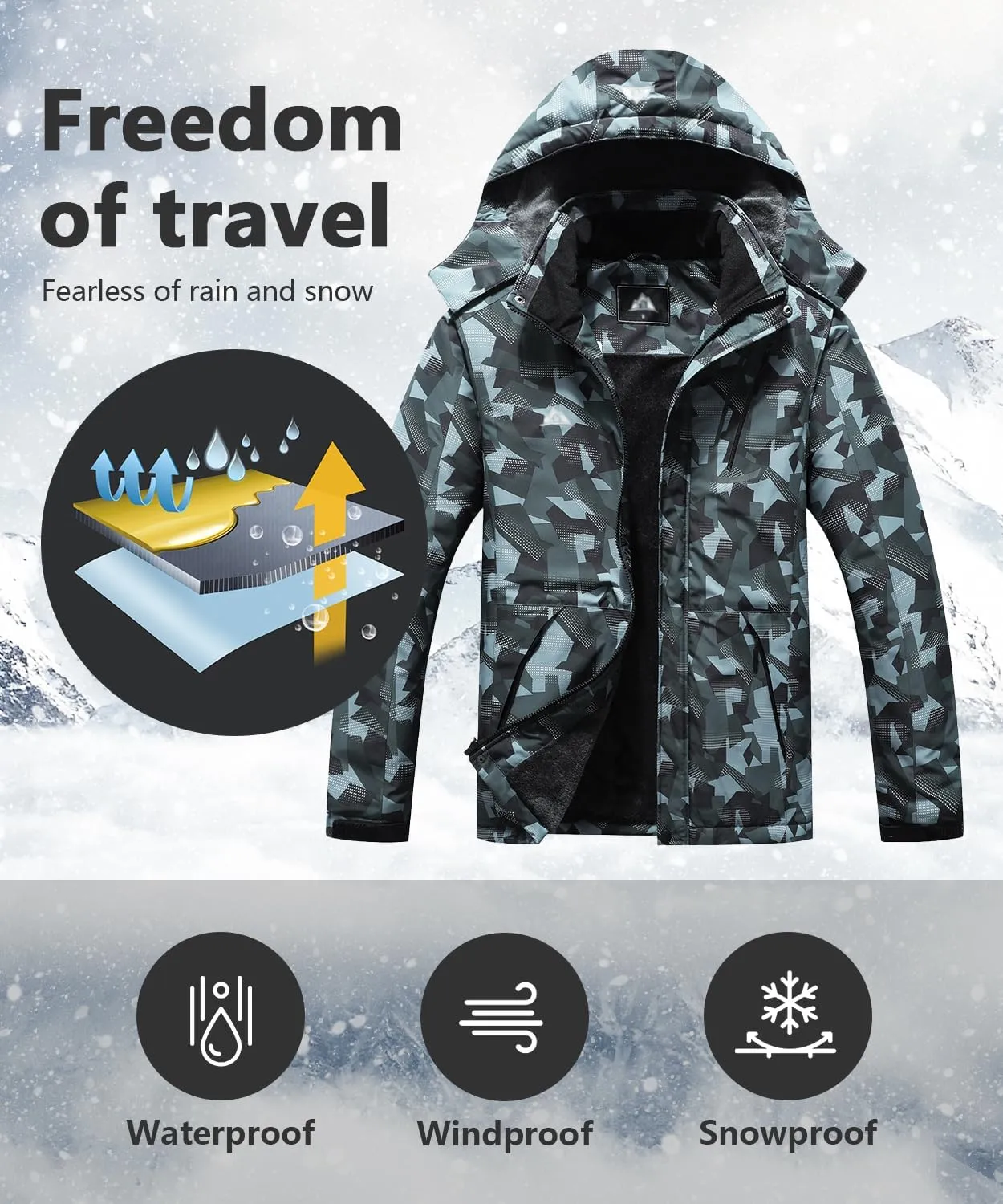 Men's Mountain Winter Coat Warm Fleece Ski Snow Jacket Waterproof Raincoat with Hood