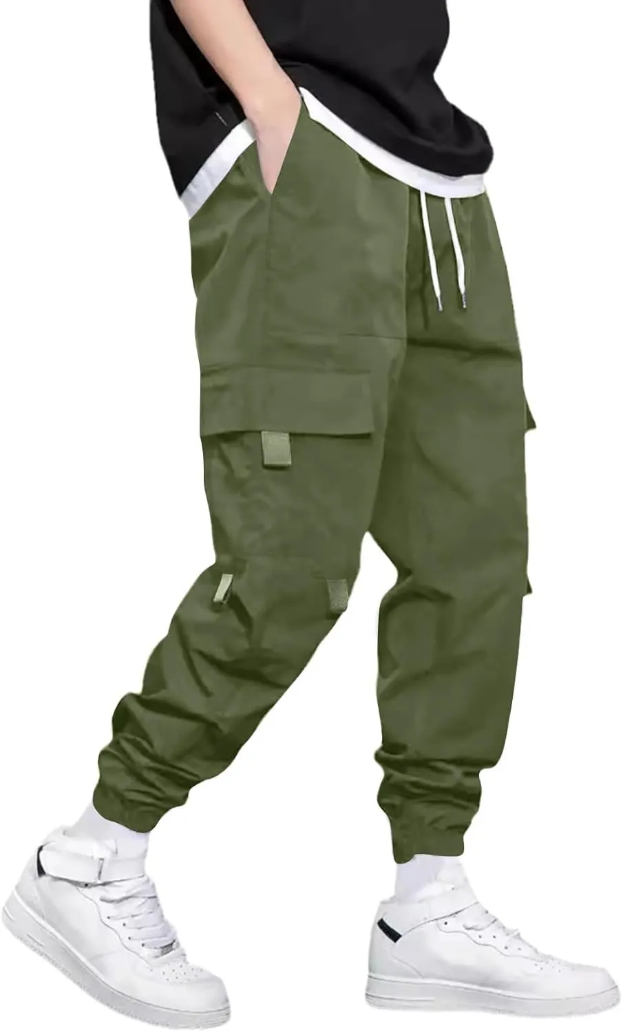 Men's Outdoor Cargo Pants Lightweight Elastic Waist Pants with Multi-Pocket Slim Drawstring Active Trousers