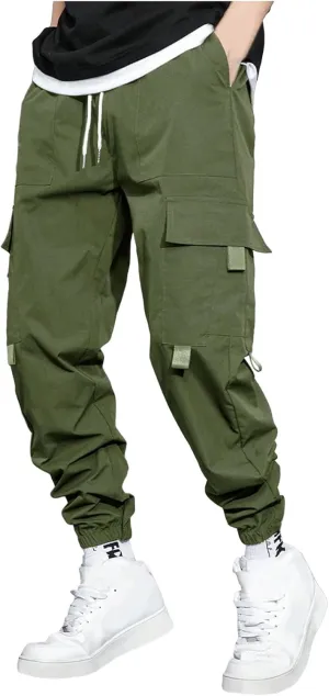 Men's Outdoor Cargo Pants Lightweight Elastic Waist Pants with Multi-Pocket Slim Drawstring Active Trousers