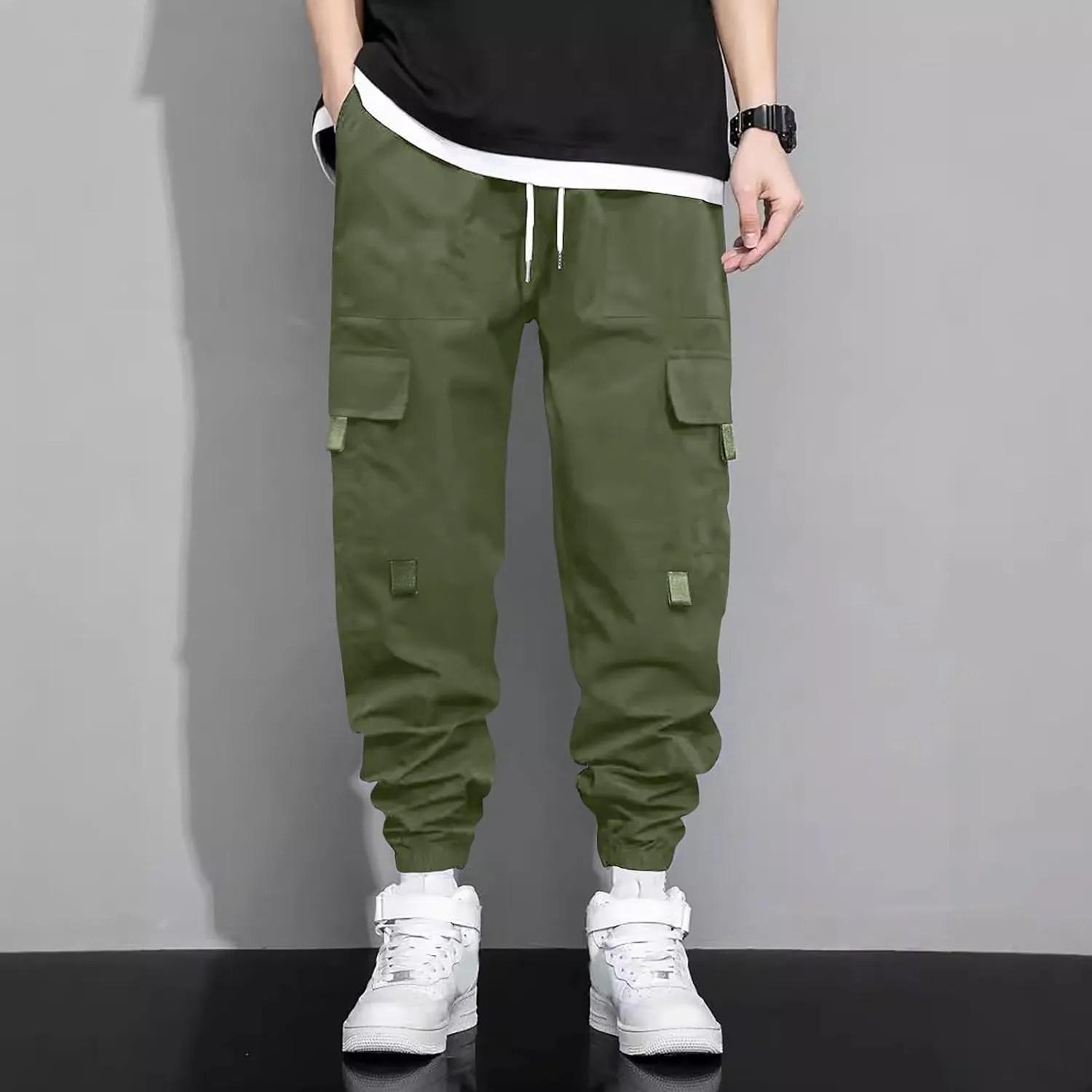Men's Outdoor Cargo Pants Lightweight Elastic Waist Pants with Multi-Pocket Slim Drawstring Active Trousers