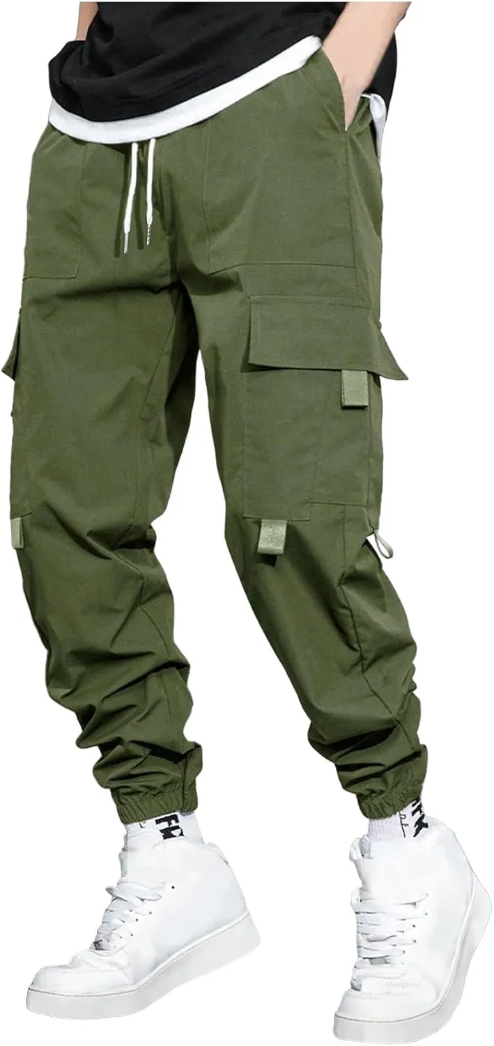 Men's Outdoor Cargo Pants Lightweight Elastic Waist Pants with Multi-Pocket Slim Drawstring Active Trousers