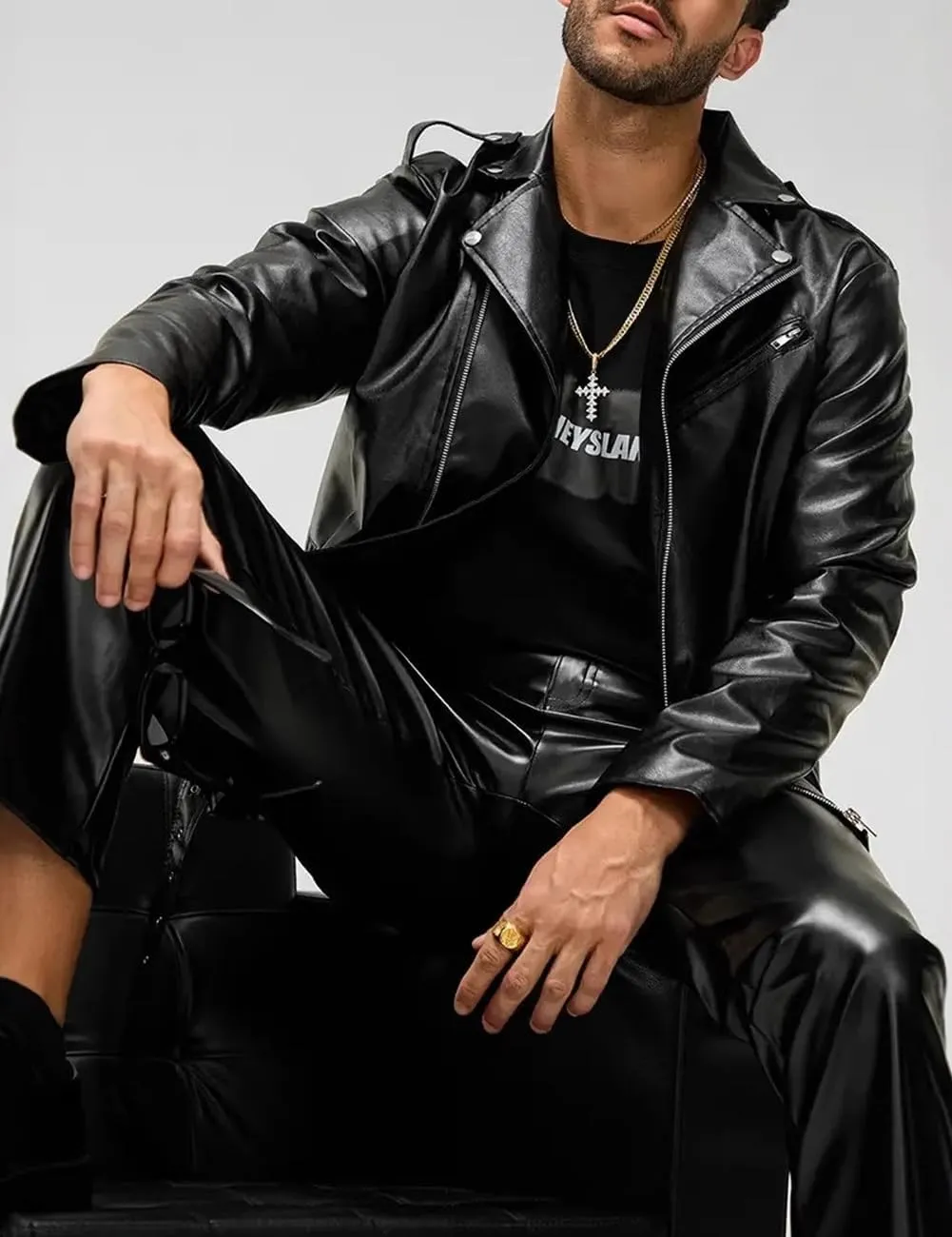Mens Pu Leather Jacket Lapel Collar Motorcycle Zip Up Long Sleeve Motor Biker Short Coat Jacket with Belt
