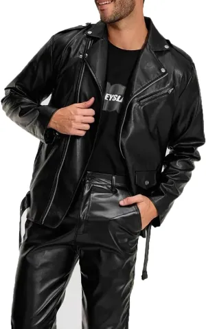 Mens Pu Leather Jacket Lapel Collar Motorcycle Zip Up Long Sleeve Motor Biker Short Coat Jacket with Belt