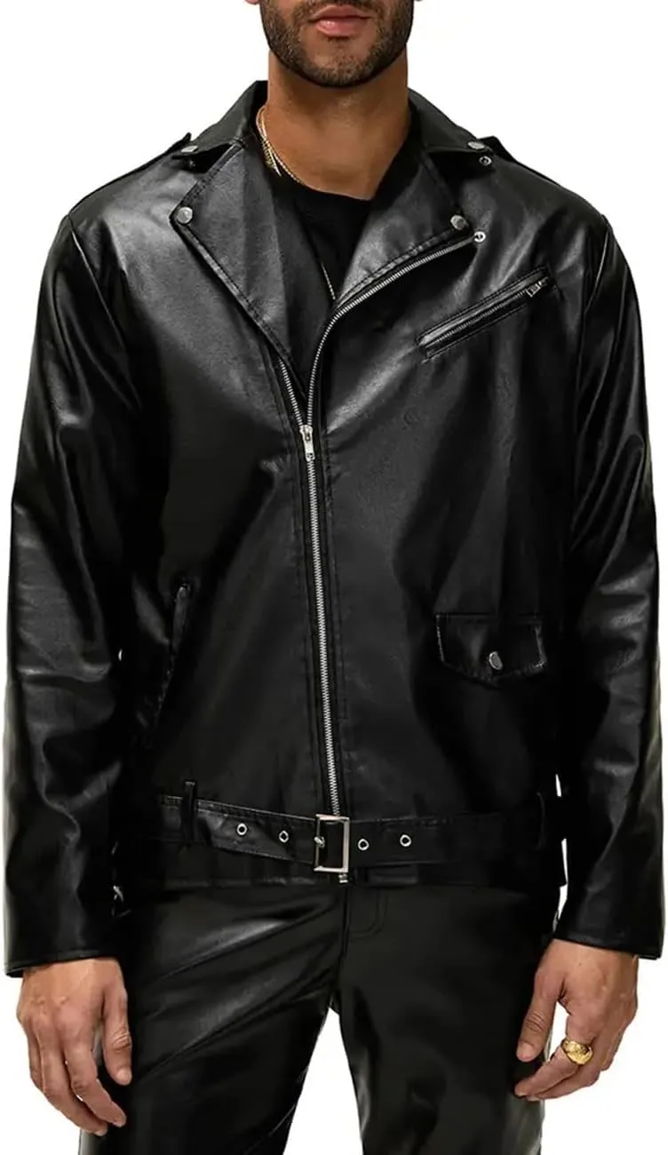 Mens Pu Leather Jacket Lapel Collar Motorcycle Zip Up Long Sleeve Motor Biker Short Coat Jacket with Belt