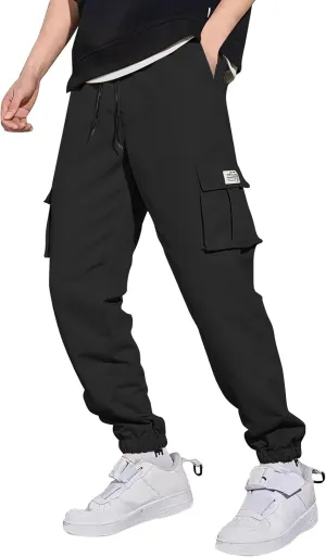 Men's Running Cargo Pants Comfy Elastic Waist Pants with Multi-Pocket Fit Drawstring Active Trousers