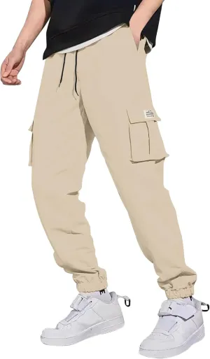 Men's Running Cargo Pants Comfy Elastic Waist Pants with Multi-Pocket Fit Drawstring Active Trousers
