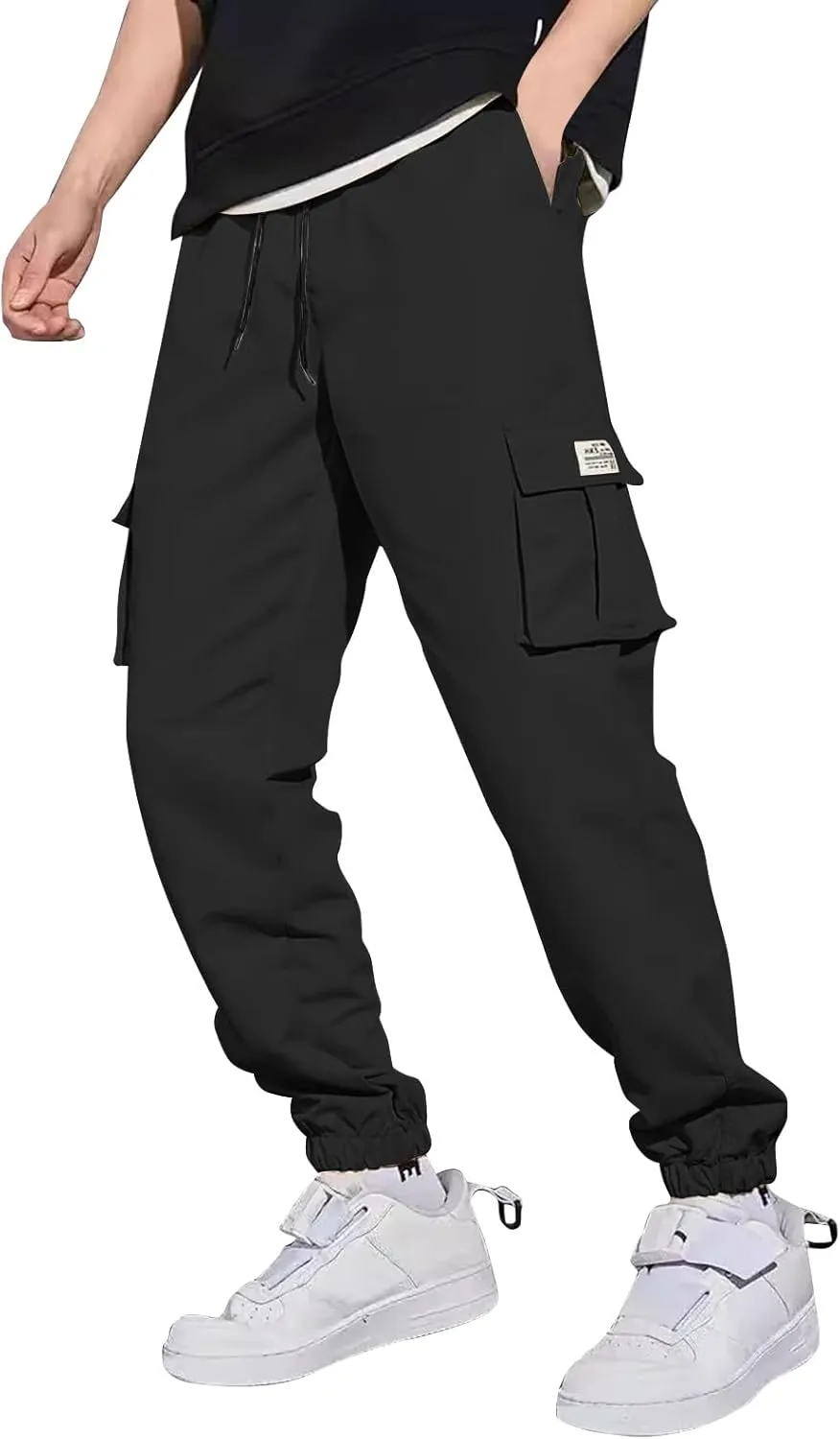 Men's Running Cargo Pants Comfy Elastic Waist Pants with Multi-Pocket Fit Drawstring Active Trousers