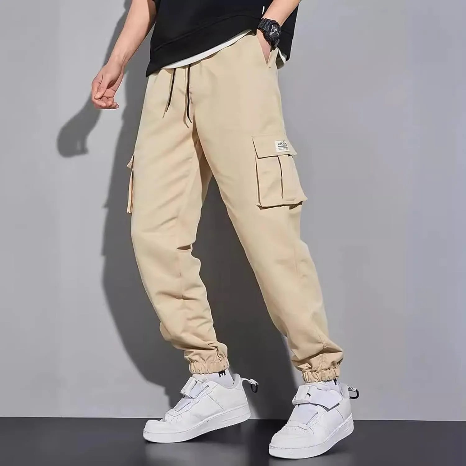 Men's Running Cargo Pants Comfy Elastic Waist Pants with Multi-Pocket Fit Drawstring Active Trousers