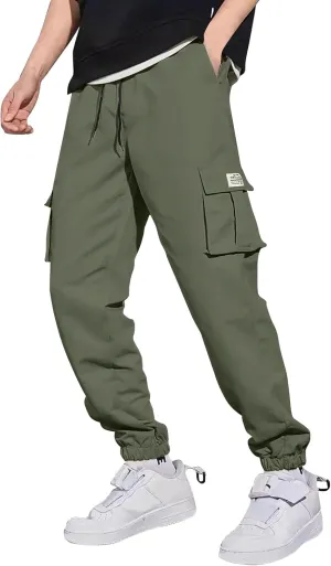Men's Running Cargo Pants Comfy Elastic Waist Pants with Multi-Pocket Fit Drawstring Active Trousers