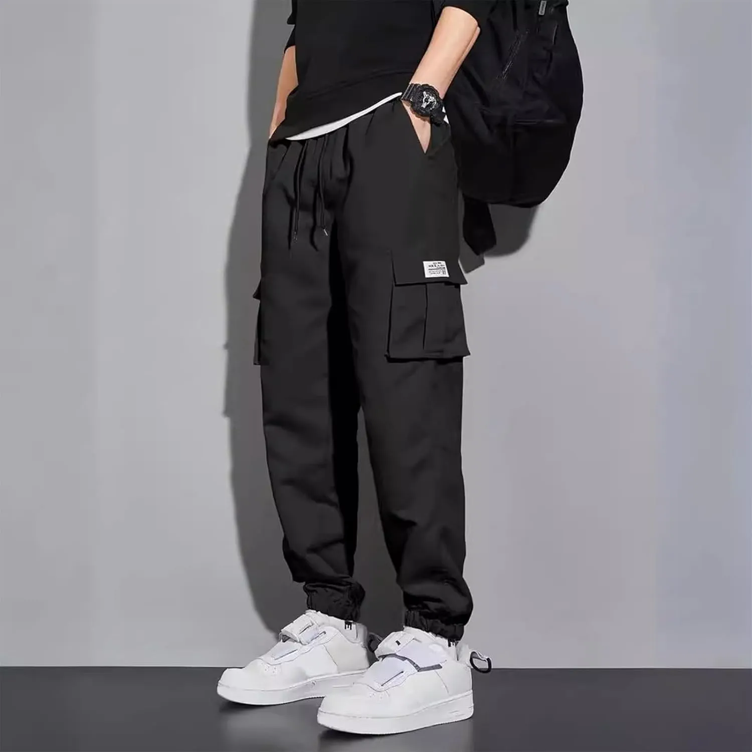 Men's Running Cargo Pants Comfy Elastic Waist Pants with Multi-Pocket Fit Drawstring Active Trousers