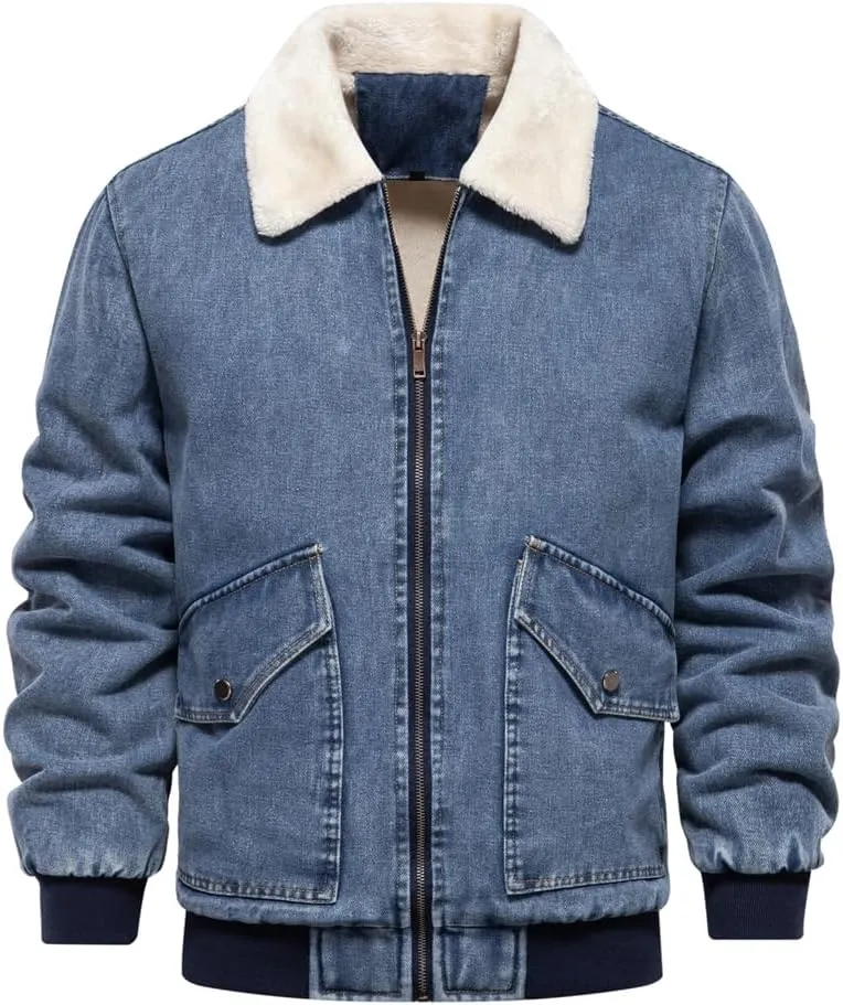 Men's Turn Down Collar Warm Fleece Thicken Denim Jacket Big Pockets Winter Jeans Coat