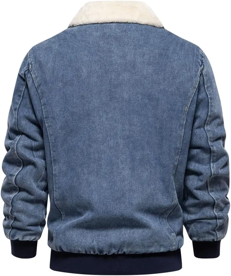 Men's Turn Down Collar Warm Fleece Thicken Denim Jacket Big Pockets Winter Jeans Coat