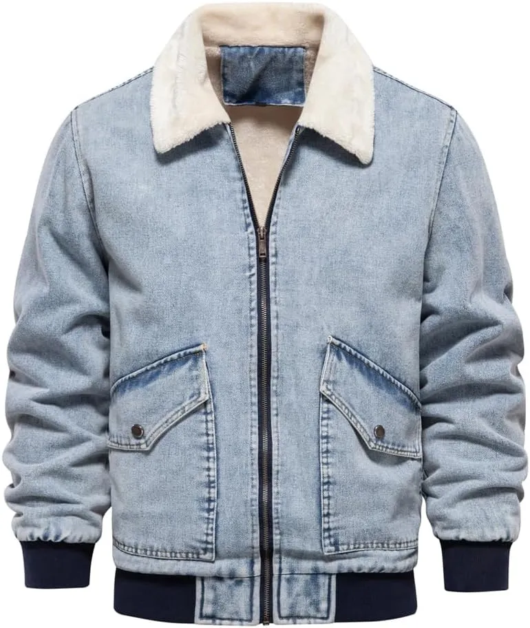 Men's Turn Down Collar Warm Fleece Thicken Denim Jacket Big Pockets Winter Jeans Coat