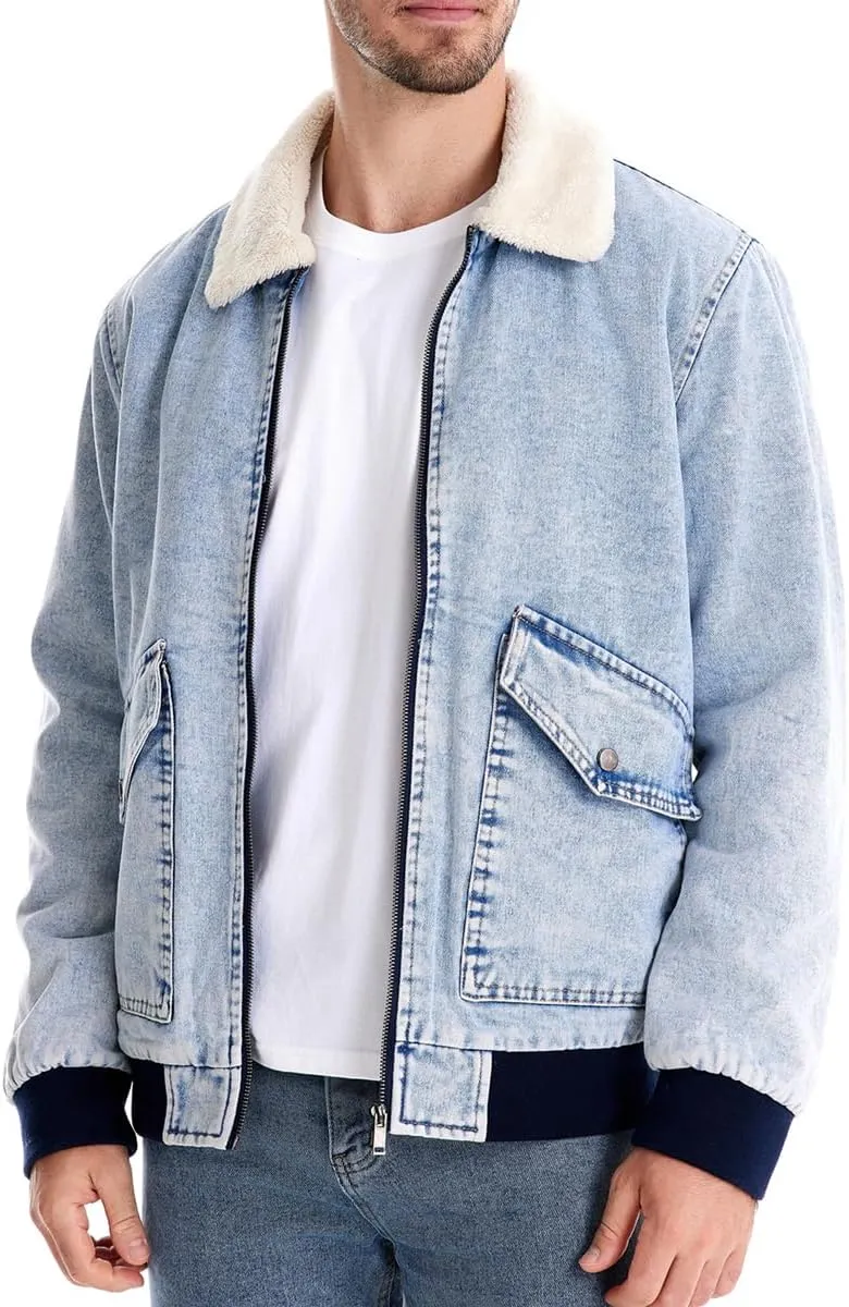 Men's Turn Down Collar Warm Fleece Thicken Denim Jacket Big Pockets Winter Jeans Coat