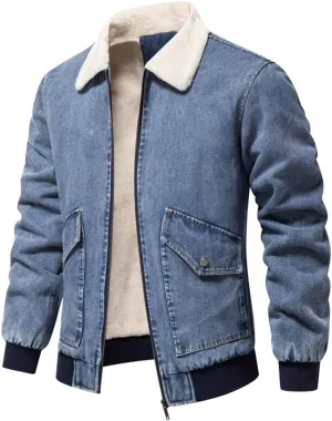 Men's Turn Down Collar Warm Fleece Thicken Denim Jacket Big Pockets Winter Jeans Coat