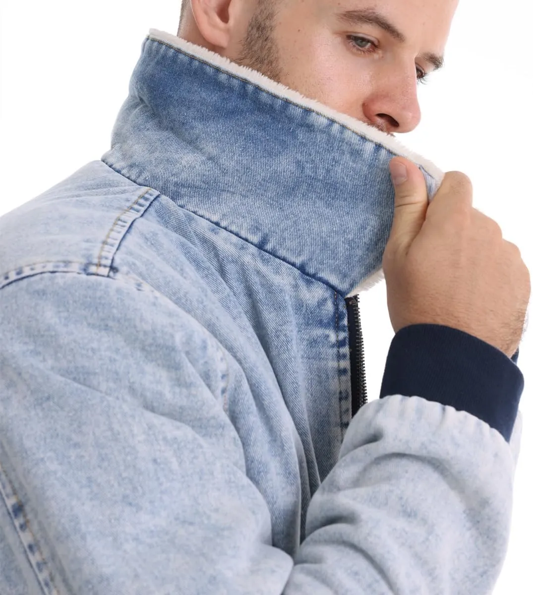 Men's Turn Down Collar Warm Fleece Thicken Denim Jacket Big Pockets Winter Jeans Coat