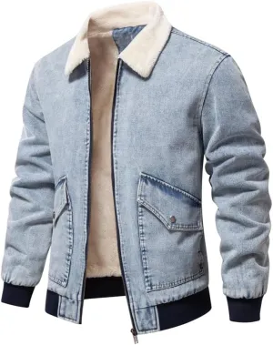Men's Turn Down Collar Warm Fleece Thicken Denim Jacket Big Pockets Winter Jeans Coat
