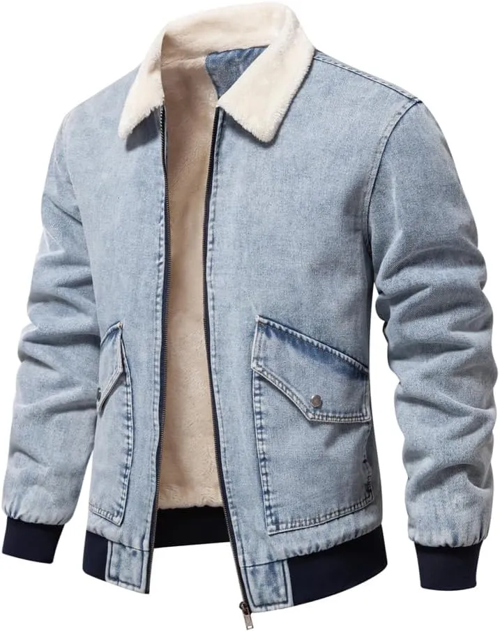 Men's Turn Down Collar Warm Fleece Thicken Denim Jacket Big Pockets Winter Jeans Coat