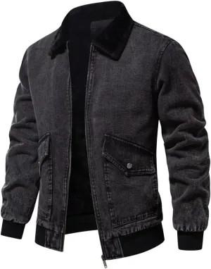 Men's Turn Down Collar Warm Fleece Thicken Denim Jacket Big Pockets Winter Jeans Coat