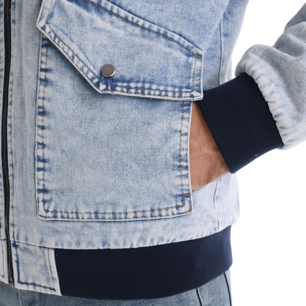 Men's Turn Down Collar Warm Fleece Thicken Denim Jacket Big Pockets Winter Jeans Coat
