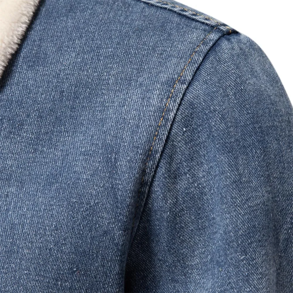 Men's Turn Down Collar Warm Fleece Thicken Denim Jacket Big Pockets Winter Jeans Coat