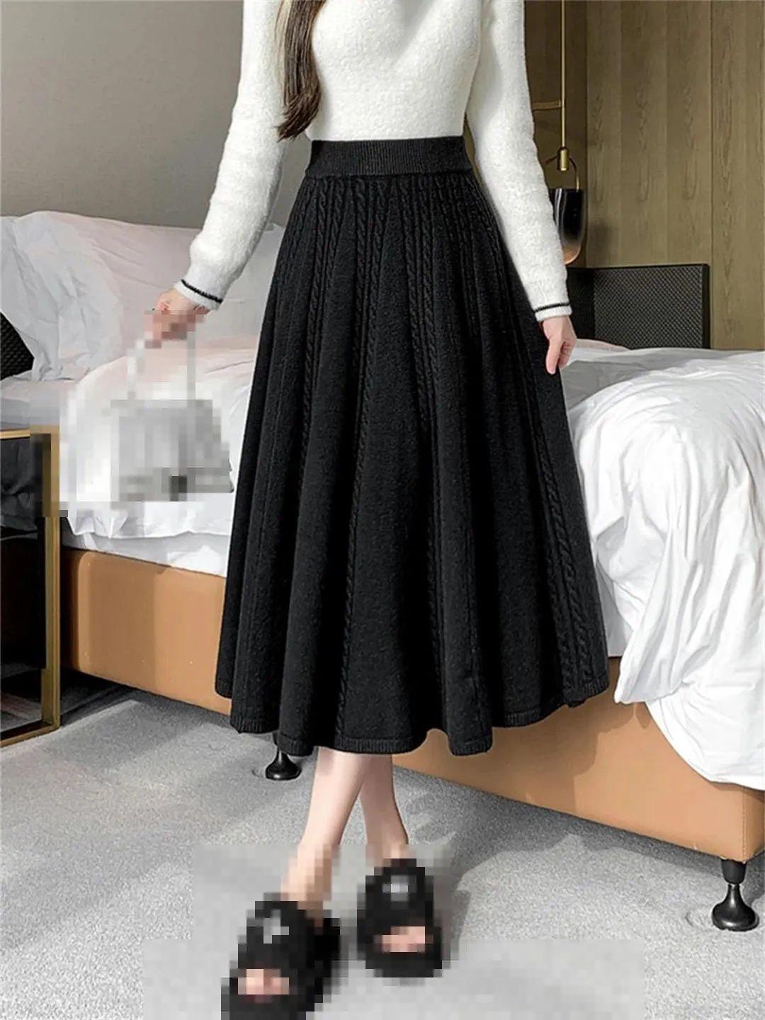 Midi Long Knitted Skirt for Women Autumn Winter Warm Solid A Line High Waist Pleated Skirt