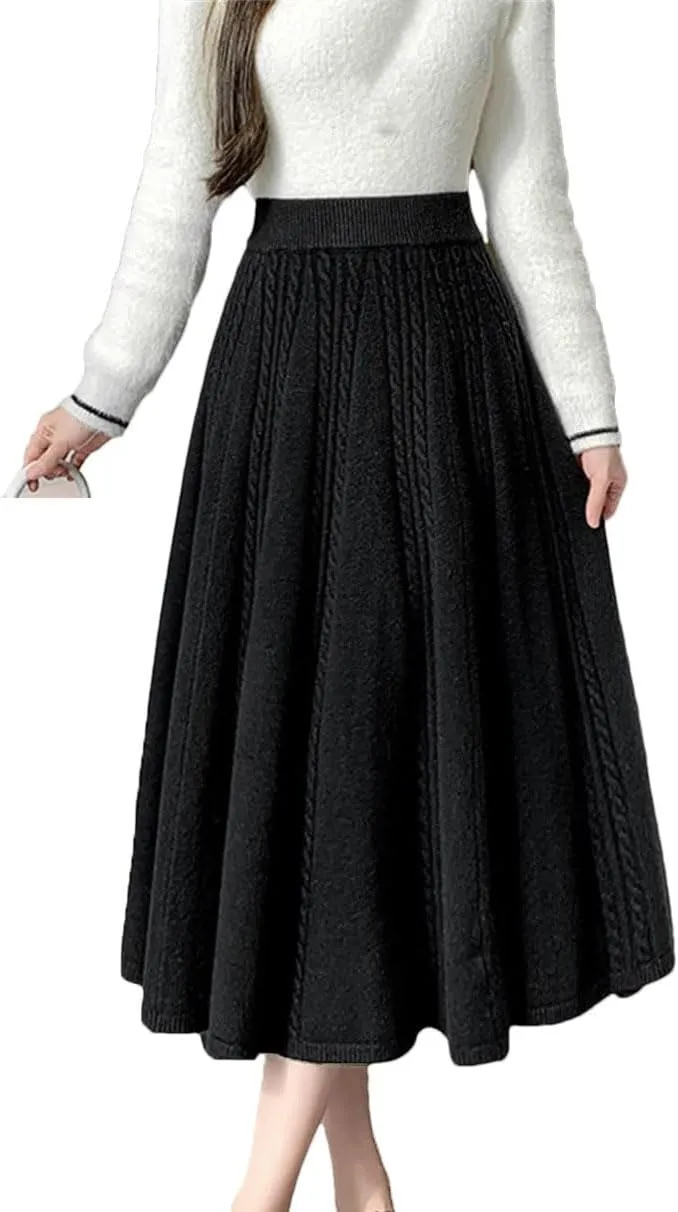 Midi Long Knitted Skirt for Women Autumn Winter Warm Solid A Line High Waist Pleated Skirt