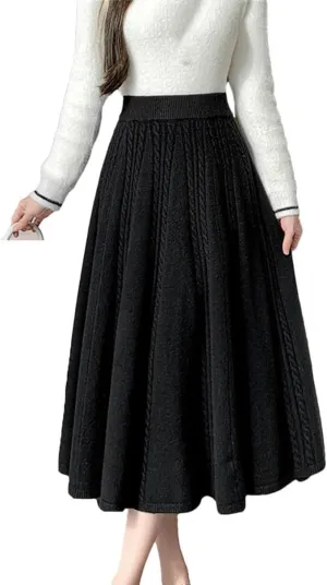 Midi Long Knitted Skirt for Women Autumn Winter Warm Solid A Line High Waist Pleated Skirt
