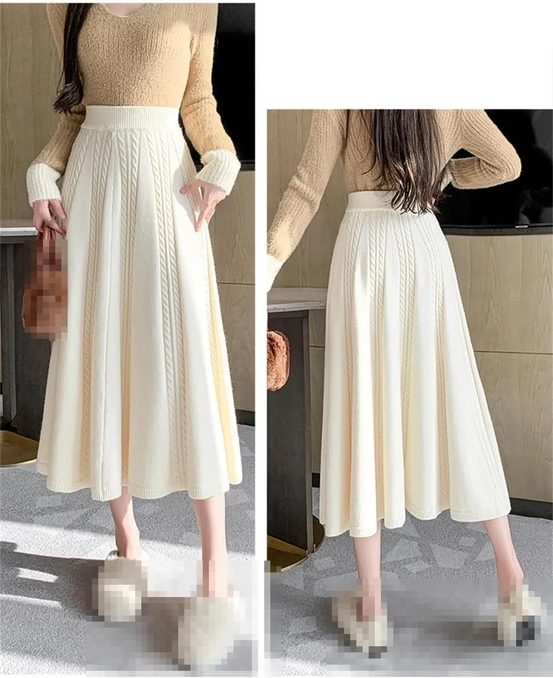 Midi Long Knitted Skirt for Women Autumn Winter Warm Solid A Line High Waist Pleated Skirt